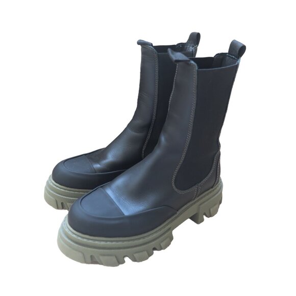 GANNI Black Leather CHELSEA Green Lugsole Platform Ankle Mid Calf Boots 38 - Picture 2 of 7